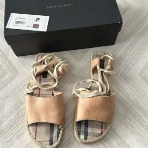 Burberry Women’s Shalicia Leather Ankle Espadrille Tan Tie Sandals