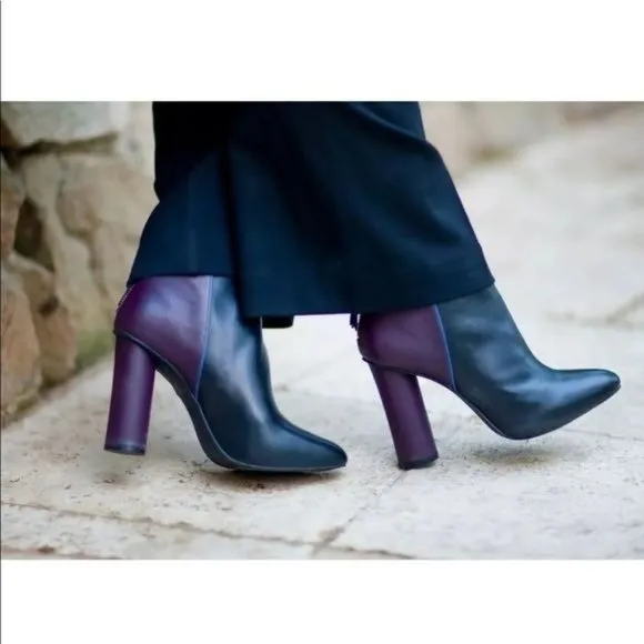 Cabi 8 BISSET Booties Two Tone Chunky Heels Plum Black Leather Boots