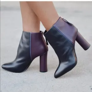 Cabi 8 BISSET Booties Two Tone Chunky Heels Plum Black Leather Boots