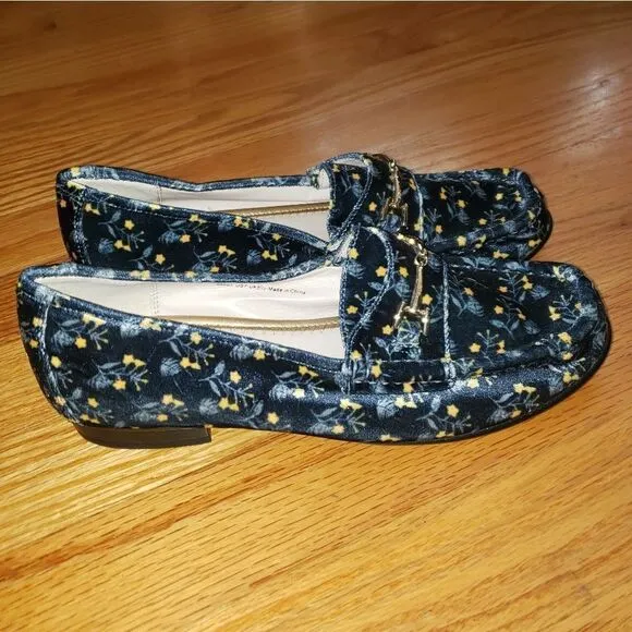 Cabi Carnaby Loafers Floral Blue Velvet Horsebit Shoes #6005 Size 7