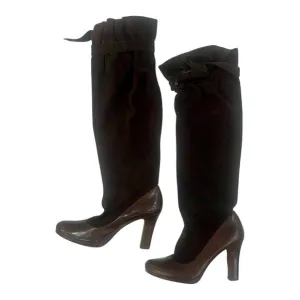 Casadei Vero Cuoio Knee High Strap Boots Size 7 EU7.5 Brown Suede Made in Italy