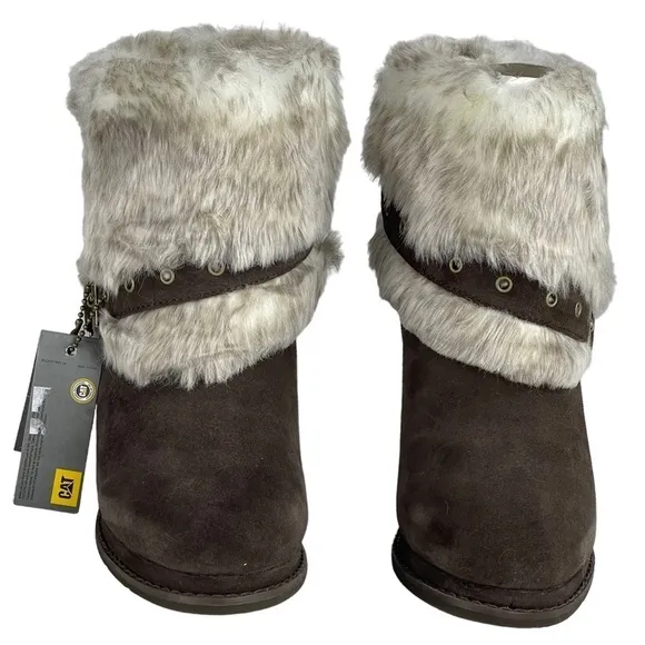 CATERPILLAR CAT BOISTEROUS FAUX FUR CAFE BROWN SUEDE WEDGE WINTER BOOTIES BOOTS