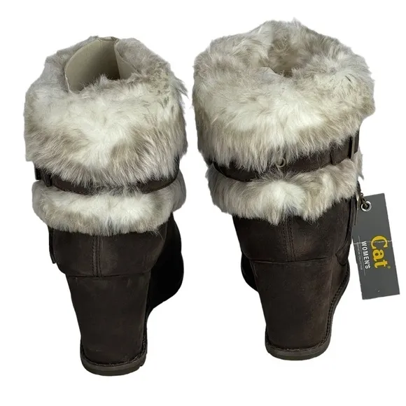 CATERPILLAR CAT BOISTEROUS FAUX FUR CAFE BROWN SUEDE WEDGE WINTER BOOTIES BOOTS