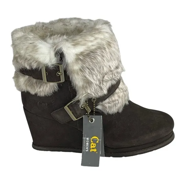 CATERPILLAR CAT BOISTEROUS FAUX FUR CAFE BROWN SUEDE WEDGE WINTER BOOTIES BOOTS