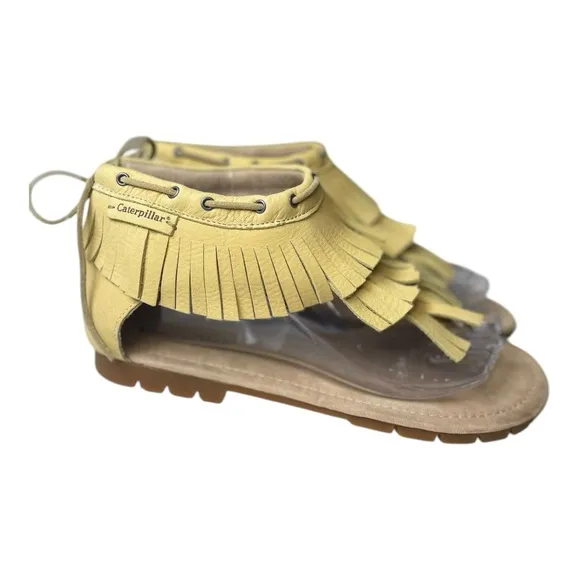 Caterpillar Women’s Jazmyne Light Yellow Leather Fringe Boho Sandals
