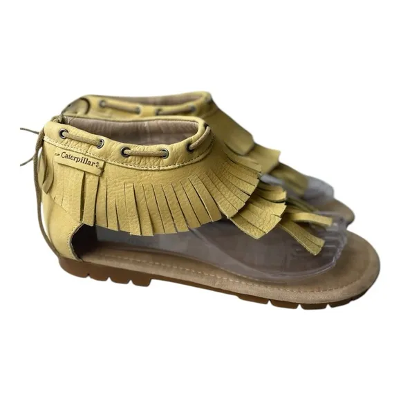 Caterpillar Women’s Jazmyne Light Yellow Leather Fringe Boho Sandals