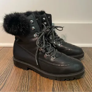 Charles David Faux Fur Trim Genuine Black Leather Lace Up Boots size 10