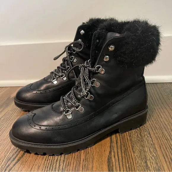 Charles David Faux Fur Trim Genuine Black Leather Lace Up Boots size 10