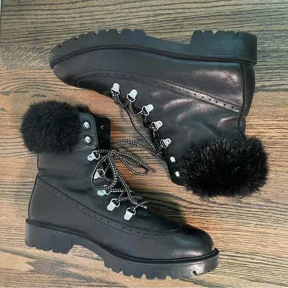Charles David Faux Fur Trim Genuine Black Leather Lace Up Boots size 10