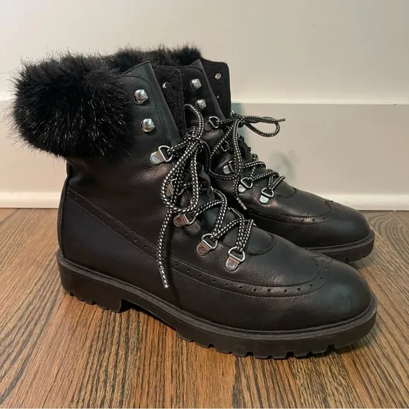 Charles David Faux Fur Trim Genuine Black Leather Lace Up Boots size 10