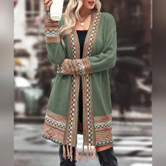 Checkered &amp; Geo Pattern Drop Shoulder Fringe Trim Duster Cardigan