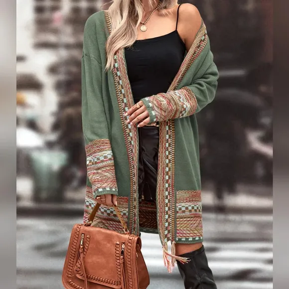 Checkered &amp; Geo Pattern Drop Shoulder Fringe Trim Duster Cardigan