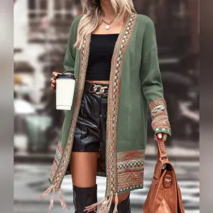 Checkered &amp; Geo Pattern Drop Shoulder Fringe Trim Duster Cardigan
