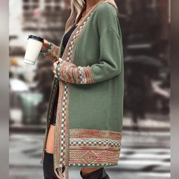 Checkered &amp; Geo Pattern Drop Shoulder Fringe Trim Duster Cardigan