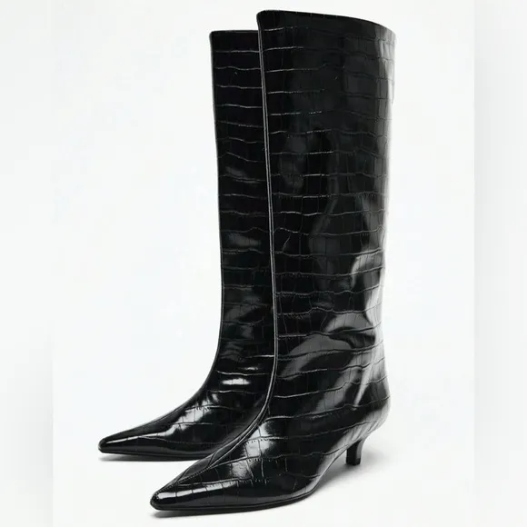Chic Wide-Shaft Faux Patent Croc Boots