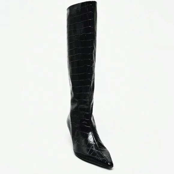 Chic Wide-Shaft Faux Patent Croc Boots