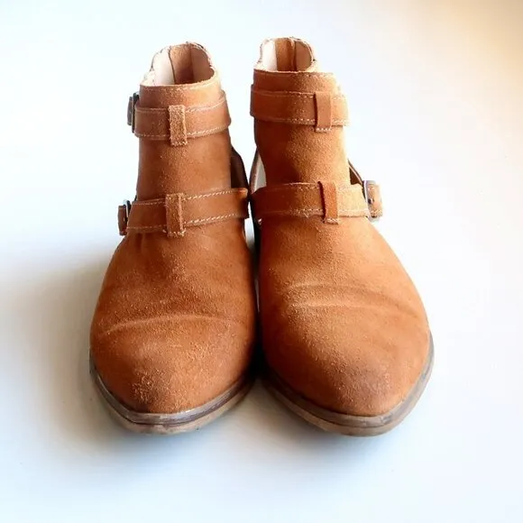 Chinese Laundry Dandie Tan Suede Low Block Heel Cutout Ankle Boots Booties Sz 7