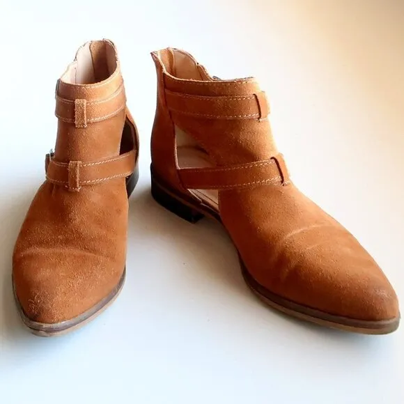 Chinese Laundry Dandie Tan Suede Low Block Heel Cutout Ankle Boots Booties Sz 7