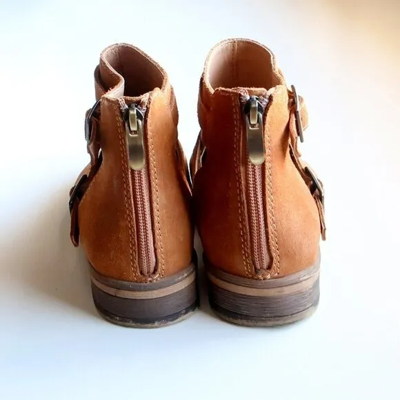 Chinese Laundry Dandie Tan Suede Low Block Heel Cutout Ankle Boots Booties Sz 7