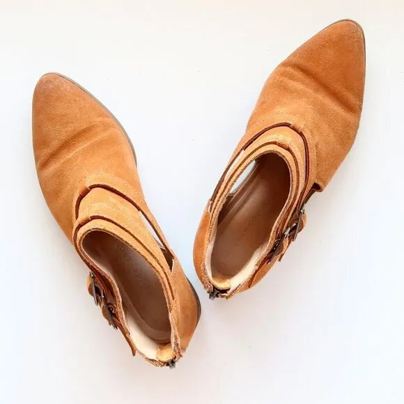 Chinese Laundry Dandie Tan Suede Low Block Heel Cutout Ankle Boots Booties Sz 7