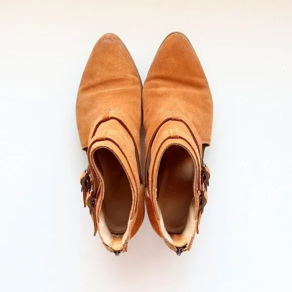Chinese Laundry Dandie Tan Suede Low Block Heel Cutout Ankle Boots Booties Sz 7