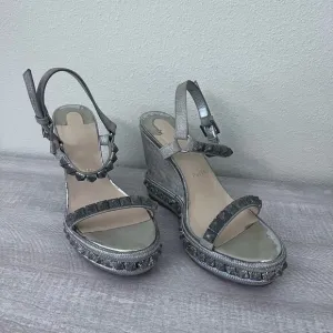 Christian Louboutin Pyraclou Silver Glitter Wedge Sandals Women's Size 41 US 11