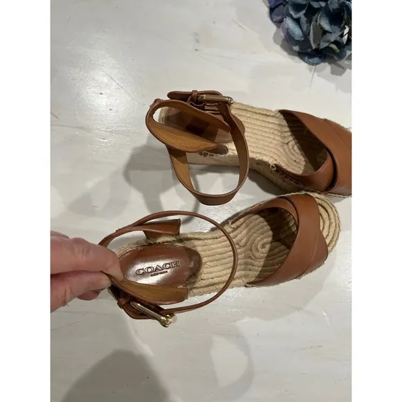 Coach Espadrille Platform Sandals Leather Criss Cross Ankle Strap 7.5