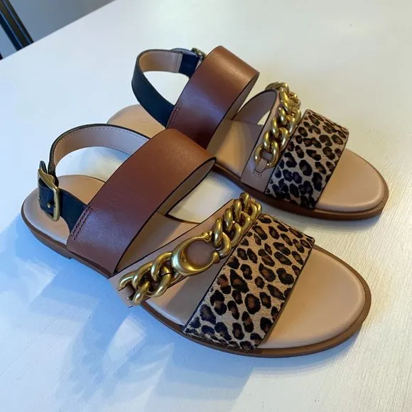 Coach Heather Leopard Print Calf Hair Leather Sandals G4777 US Size 5 B EU‎ 35.5