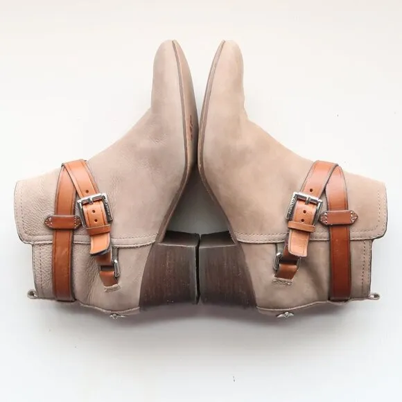 Coach Pauline Beige Suede &amp; Tan Leather Block Heel Ankle Boots Booties Size 6.5