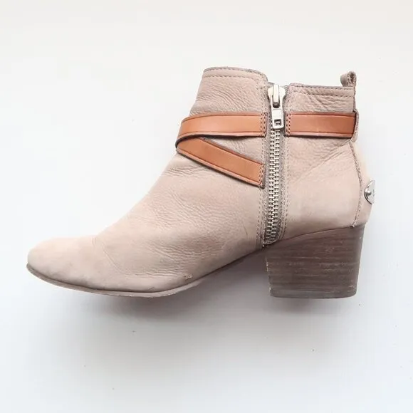 Coach Pauline Beige Suede &amp; Tan Leather Block Heel Ankle Boots Booties Size 6.5