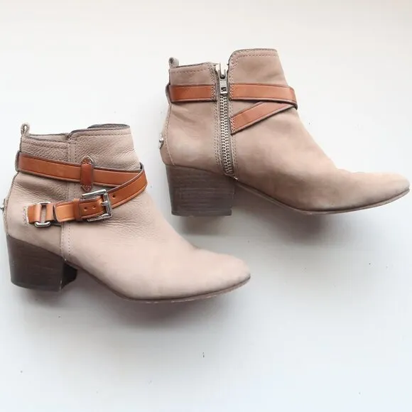 Coach Pauline Beige Suede &amp; Tan Leather Block Heel Ankle Boots Booties Size 6.5