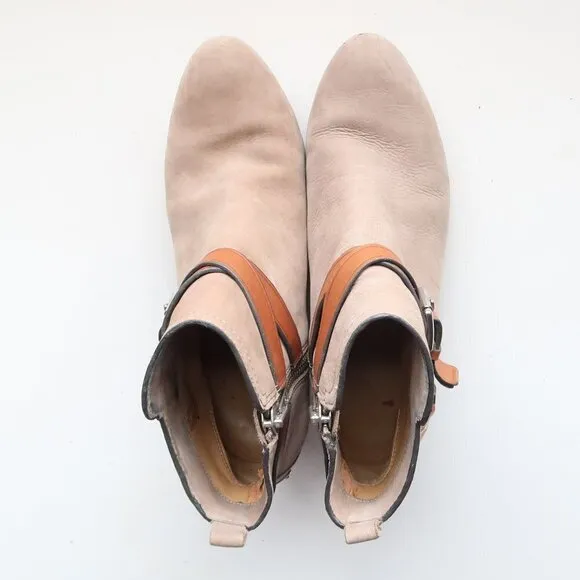 Coach Pauline Beige Suede &amp; Tan Leather Block Heel Ankle Boots Booties Size 6.5