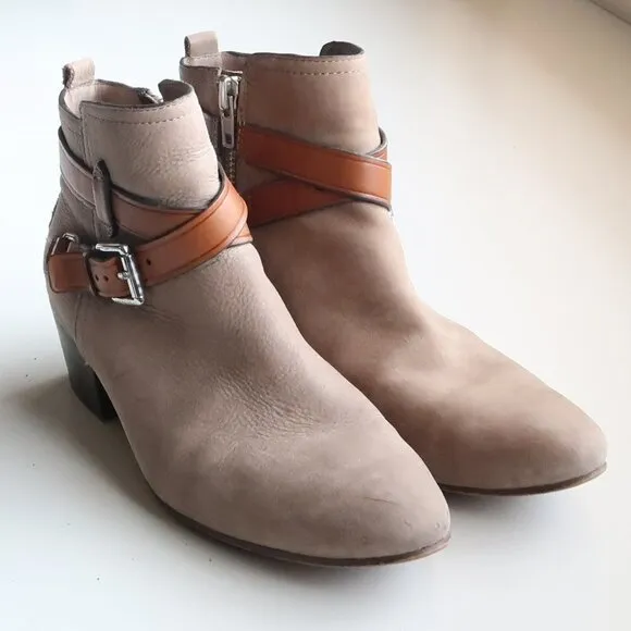 Coach Pauline Beige Suede &amp; Tan Leather Block Heel Ankle Boots Booties Size 6.5
