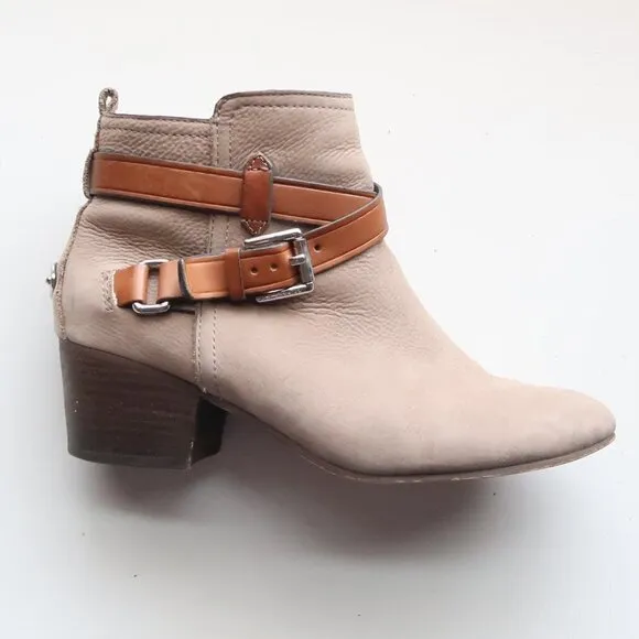 Coach Pauline Beige Suede &amp; Tan Leather Block Heel Ankle Boots Booties Size 6.5