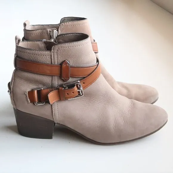 Coach Pauline Beige Suede &amp; Tan Leather Block Heel Ankle Boots Booties Size 6.5