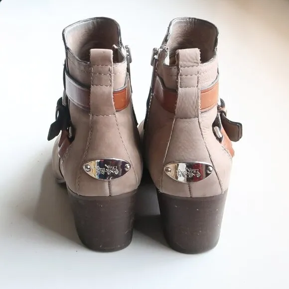 Coach Pauline Beige Suede &amp; Tan Leather Block Heel Ankle Boots Booties Size 6.5