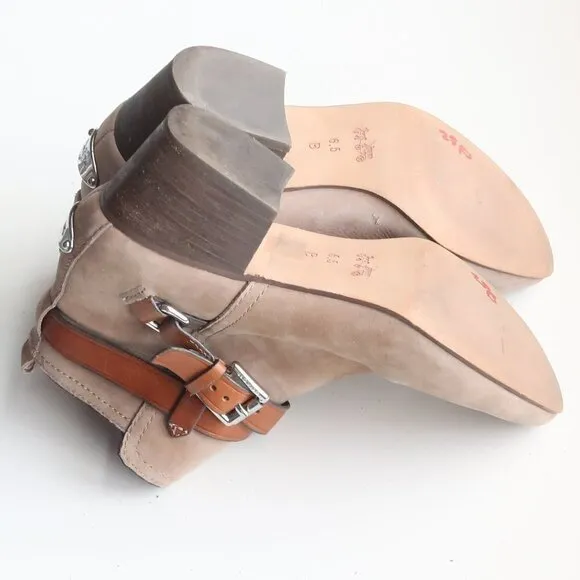 Coach Pauline Beige Suede &amp; Tan Leather Block Heel Ankle Boots Booties Size 6.5