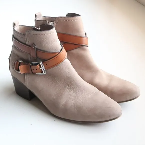 Coach Pauline Beige Suede &amp; Tan Leather Block Heel Ankle Boots Booties Size 6.5