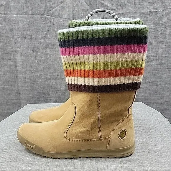 Coach Tatum Suede Beige / Multicolor Striped Knit Boots Women's SZ 7.5