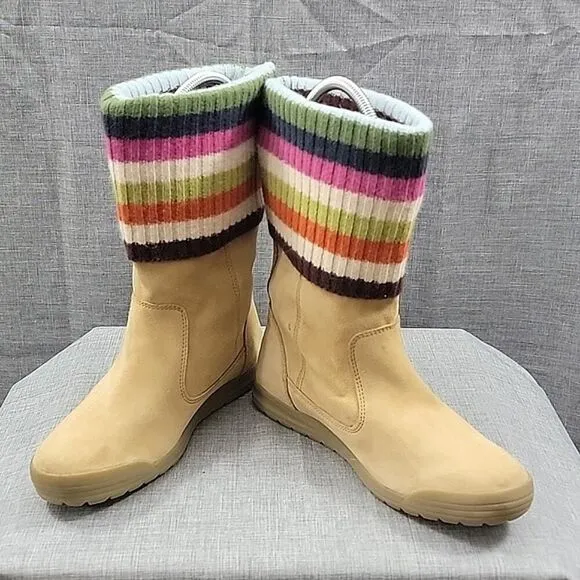 Coach Tatum Suede Beige / Multicolor Striped Knit Boots Women's SZ 7.5