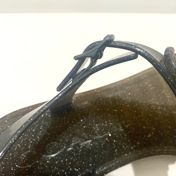 Coach Tea Rose Glitter Jelly Flat Thong Sandals Black Ankle Strap Summer Shoes 6