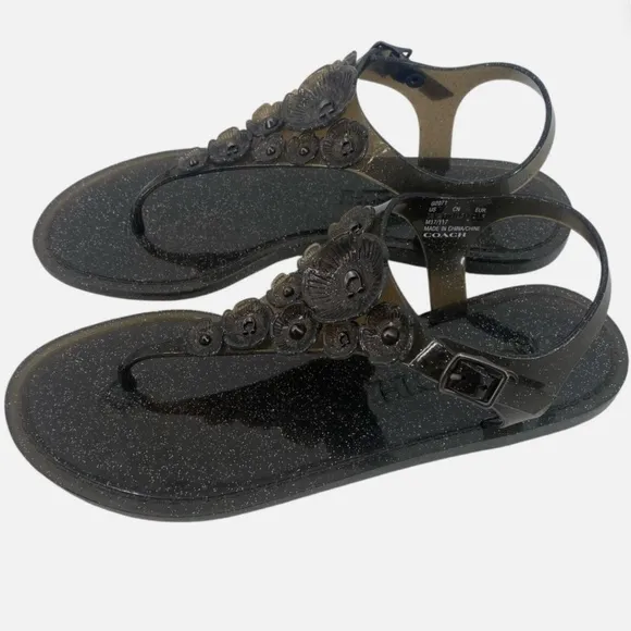 Coach Tea Rose Glitter Jelly Flat Thong Sandals Black Ankle Strap Summer Shoes 6