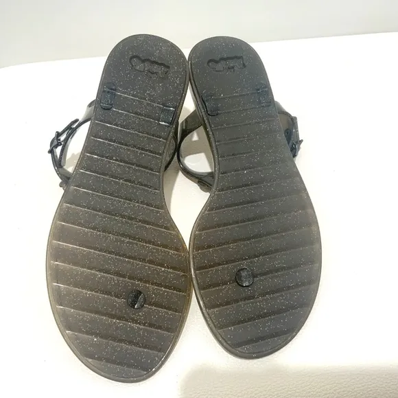 Coach Tea Rose Glitter Jelly Flat Thong Sandals Black Ankle Strap Summer Shoes 6