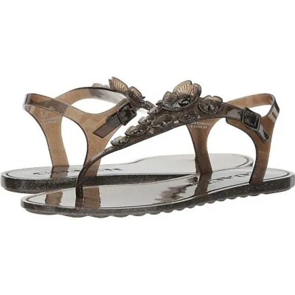 Coach Tea Rose Glitter Jelly Flat Thong Sandals Black Ankle Strap Summer Shoes 6
