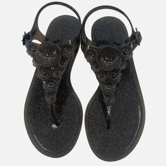 Coach Tea Rose Glitter Jelly Flat Thong Sandals Black Ankle Strap Summer Shoes 6