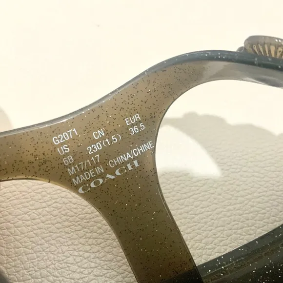 Coach Tea Rose Glitter Jelly Flat Thong Sandals Black Ankle Strap Summer Shoes 6