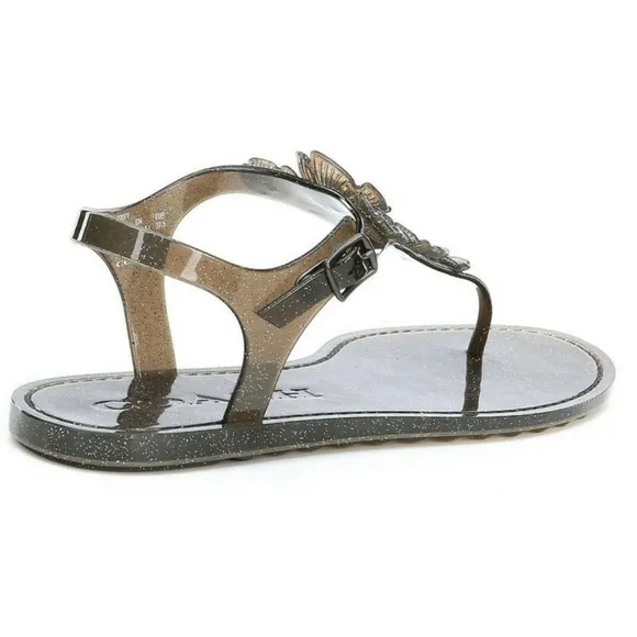 Coach Tea Rose Glitter Jelly Flat Thong Sandals Black Ankle Strap Summer Shoes 6