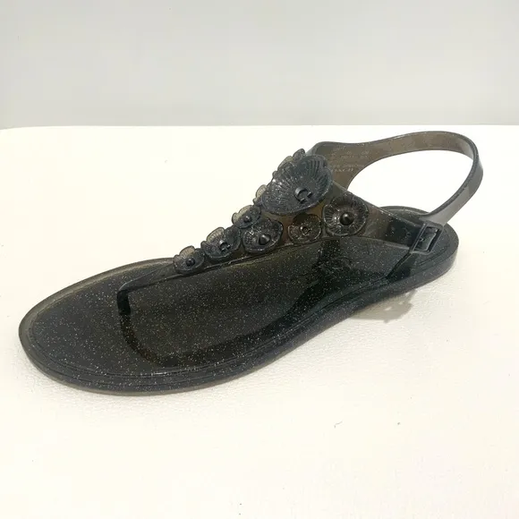 Coach Tea Rose Glitter Jelly Flat Thong Sandals Black Ankle Strap Summer Shoes 6