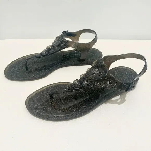 Coach Tea Rose Glitter Jelly Flat Thong Sandals Black Ankle Strap Summer Shoes 6