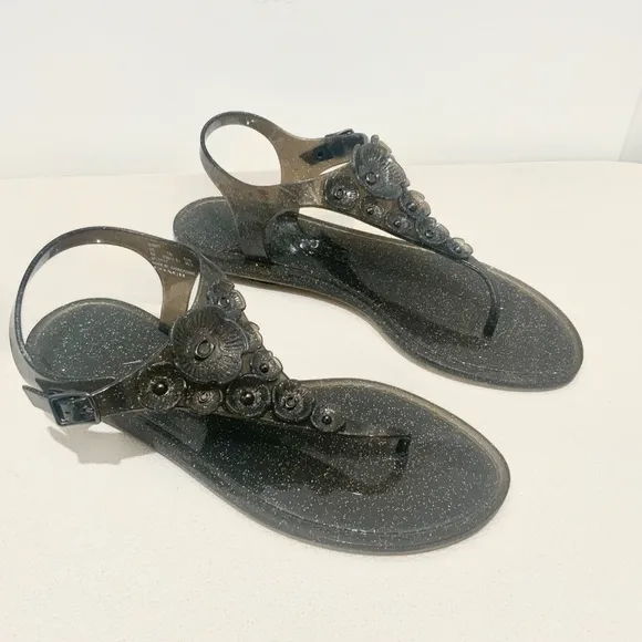 Coach Tea Rose Glitter Jelly Flat Thong Sandals Black Ankle Strap Summer Shoes 6